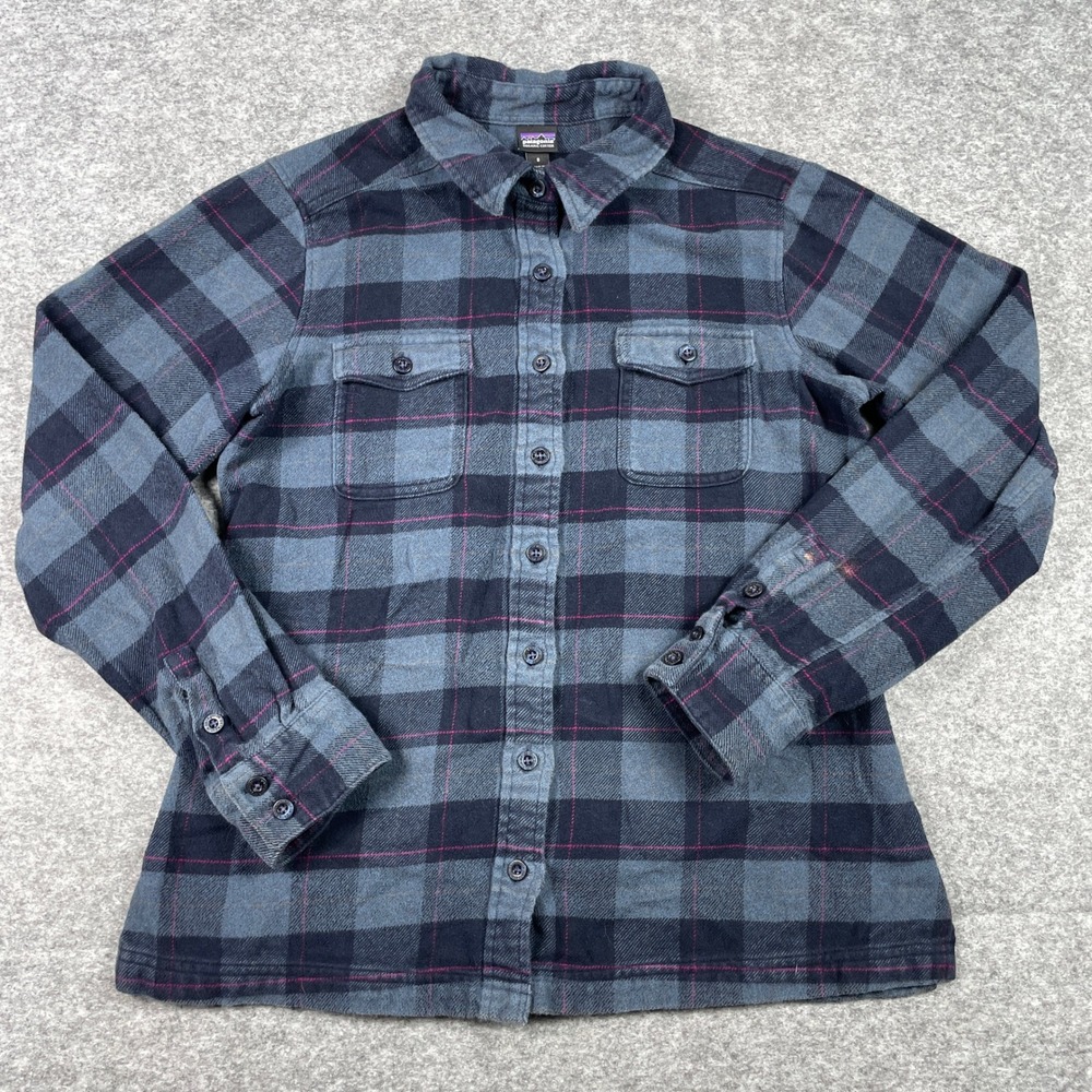 Patagonia Flannel Shirt Womens 8 Blue Plaid Organic Cotton Button Down Outdoor